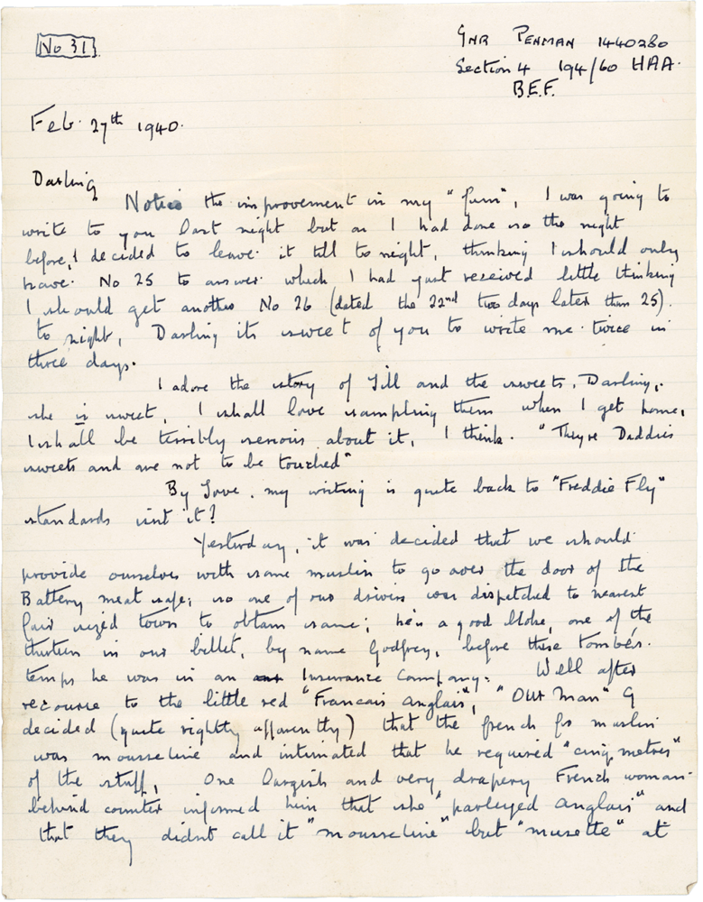 Letter from Cyril “Kenneth” Penman to Teresina “Terry” Penman dated February 27th, 1940. (pg. 1)
