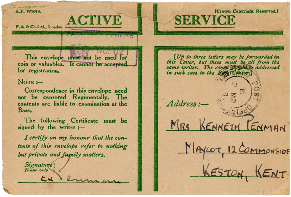 Envelope for letter from Cyril “Kenneth” Penman to Teresina “Terry” Penman dated March 1st, 1940.