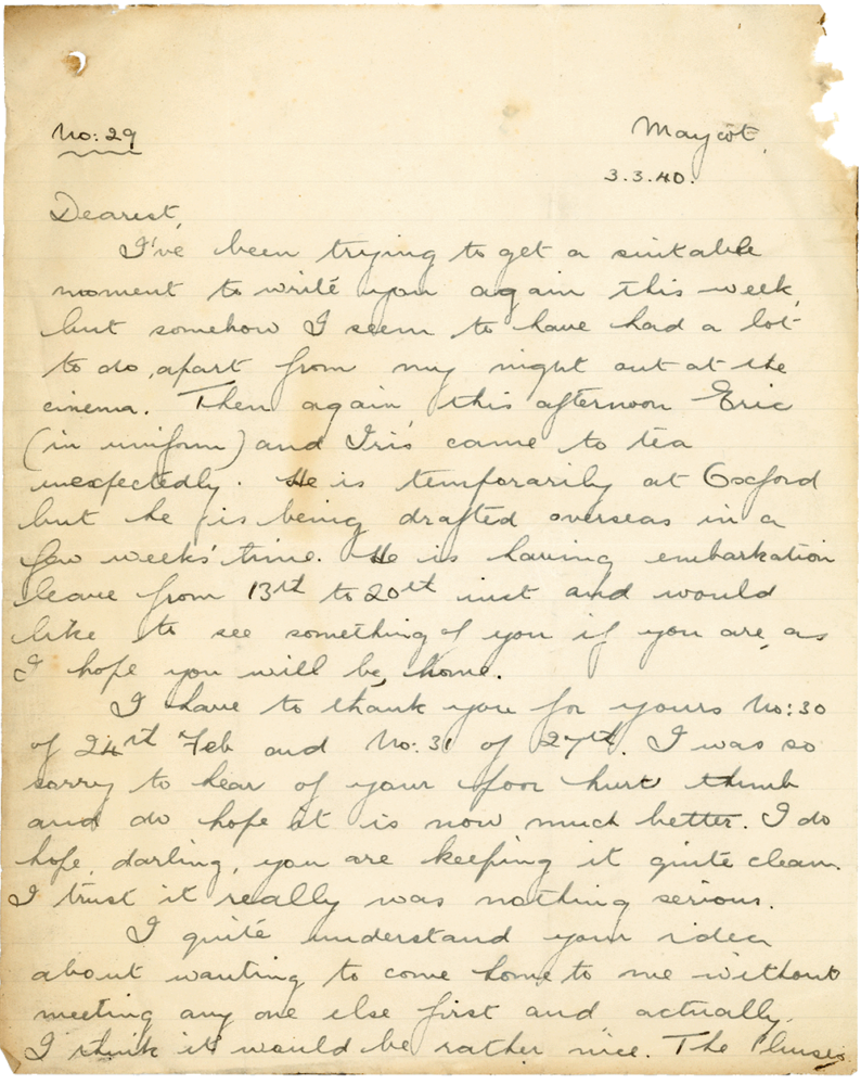 Letter from Teresina “Terry” Penman to Cyril “Kenneth” Penman dated March 3rd, 1940. (pg. 1)