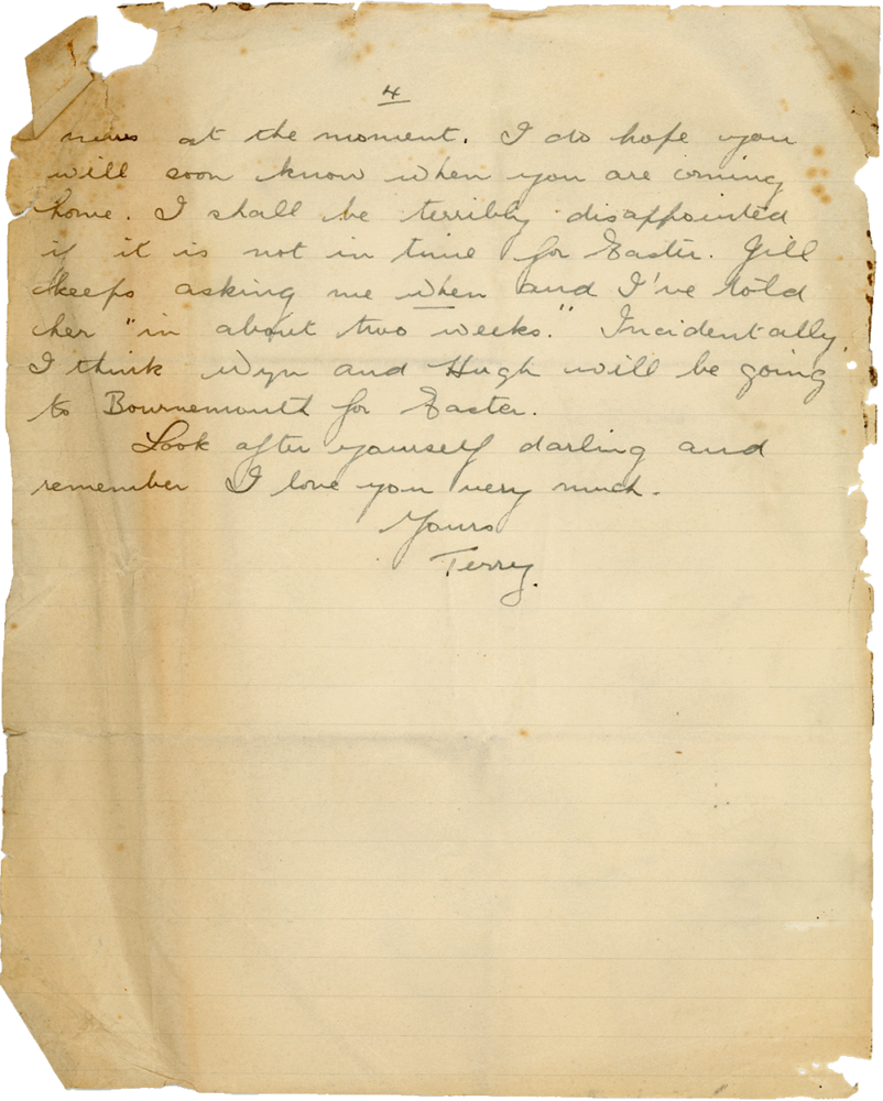 Letter from Teresina “Terry” Penman to Cyril “Kenneth” Penman dated March 6th, 1940. (pg. 4)