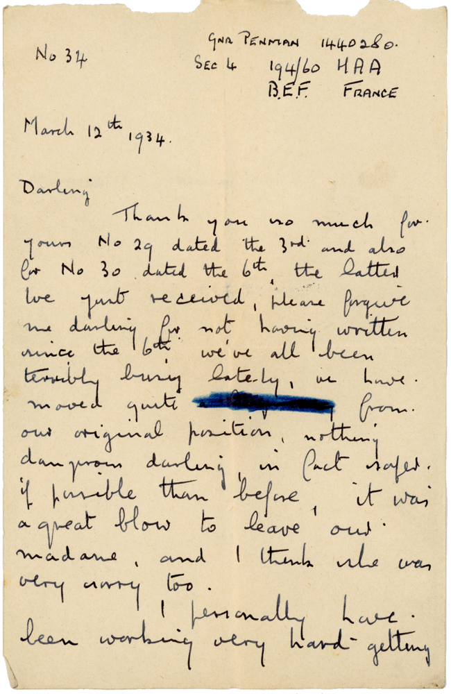 Letter from Cyril “Kenneth” Penman to Teresina “Terry” Penman dated March 12th, 1940. (pg. 1)