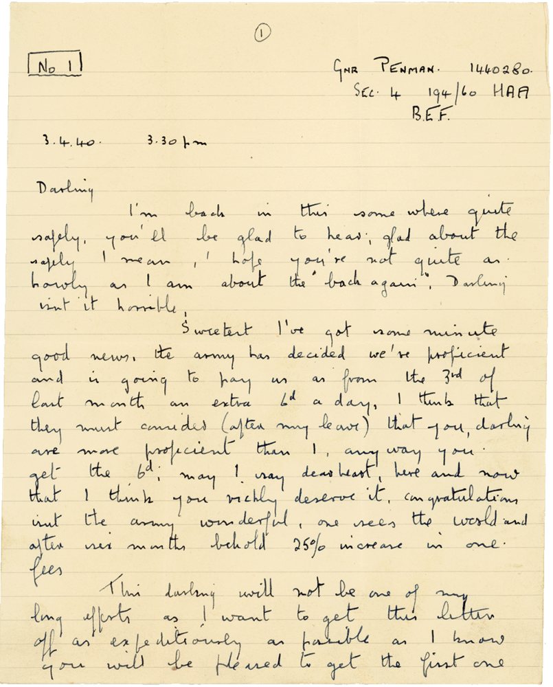 Letter from Cyril “Kenneth” Penman to Teresina “Terry” Penman dated April 3rd, 1940. (pg. 1)