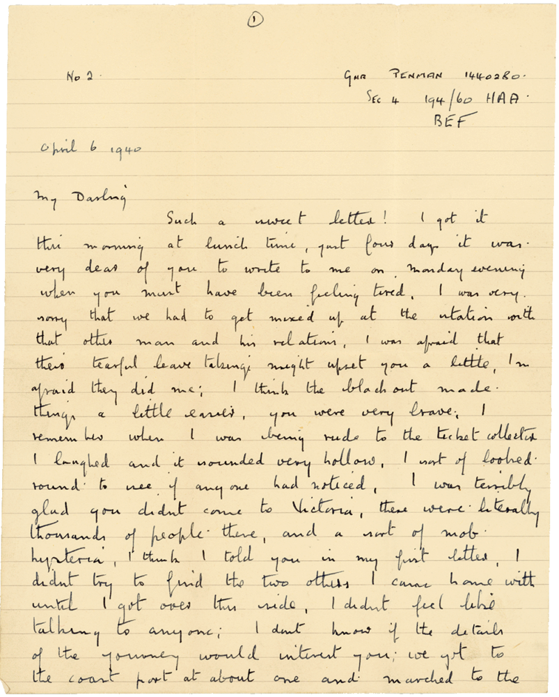 Letter from Cyril “Kenneth” Penman to Teresina “Terry” Penman dated April 6th, 1940. (pg. 1)