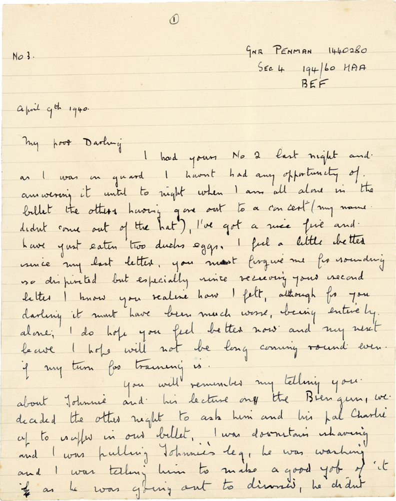 Letter from Cyril “Kenneth” Penman to Teresina “Terry” Penman dated April 9th, 1940. (pg. 1)