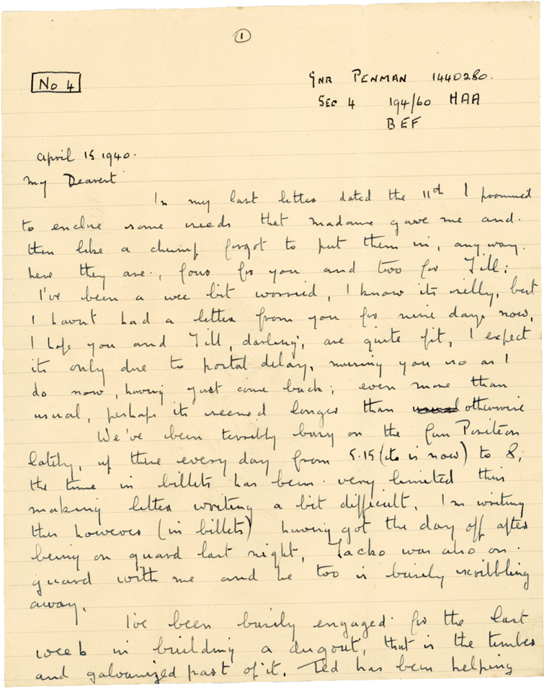 Letter from Cyril “Kenneth” Penman to Teresina “Terry” Penman dated April 15th, 1940. (pg. 1)