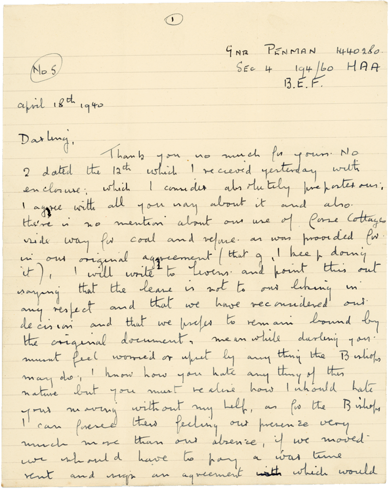 Letter from Cyril “Kenneth” Penman to Teresina “Terry” Penman dated April 18th, 1940. (pg. 1)