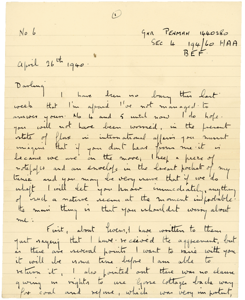 Letter from Cyril “Kenneth” Penman to Teresina “Terry” Penman dated April 26th, 1940. (pg. 1)