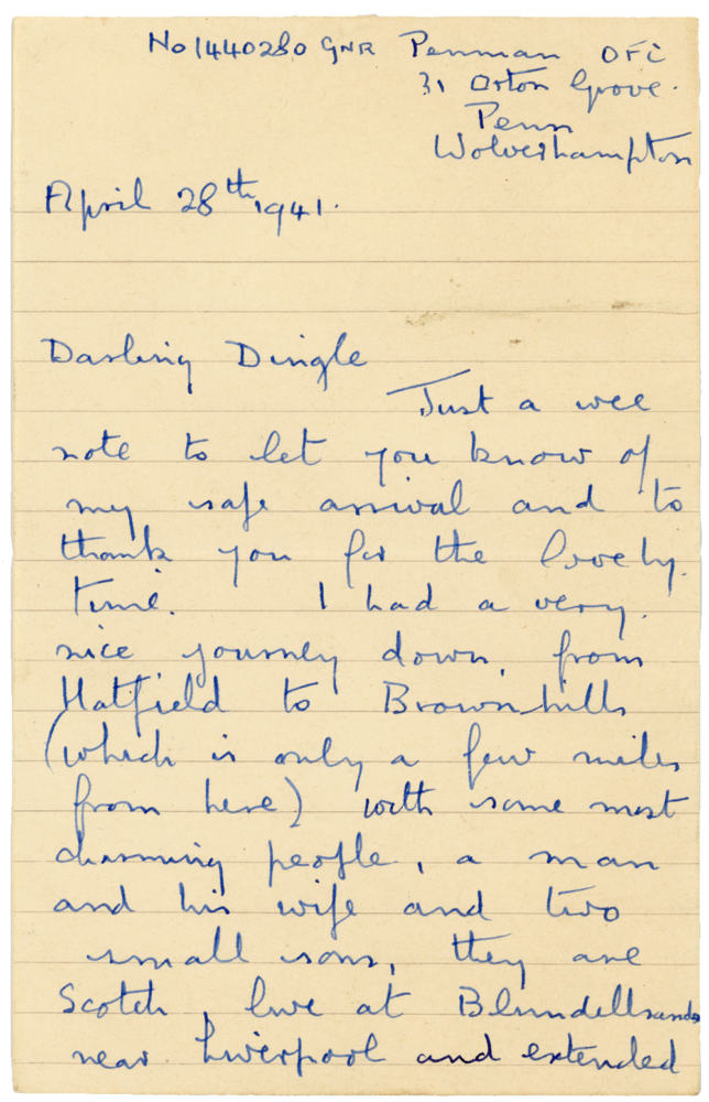 Letter from Cyril “Kenneth” Penman to Teresina “Terry” Penman dated April 28th, 1940. (pg. 1)