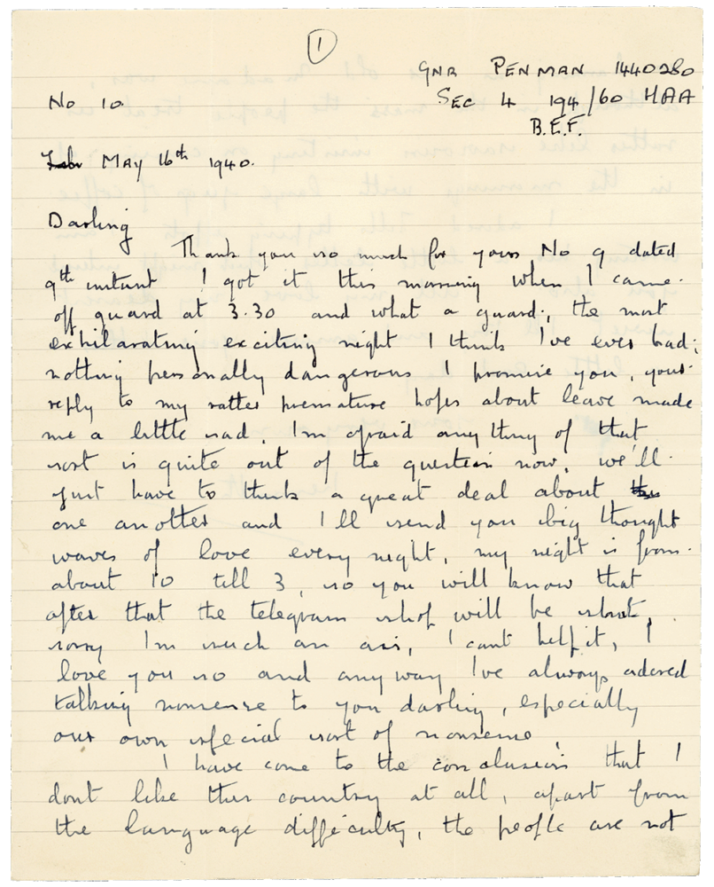 Letter from Cyril “Kenneth” Penman to Teresina “Terry” Penman dated May 16th, 1940. (pg. 1)