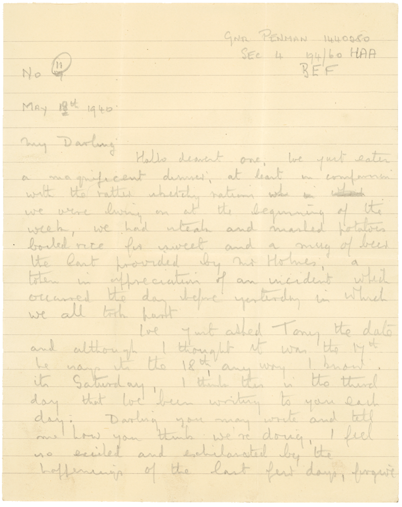 Letter from Cyril “Kenneth” Penman to Teresina “Terry” Penman dated May 18th, 1940. (pg. 1)