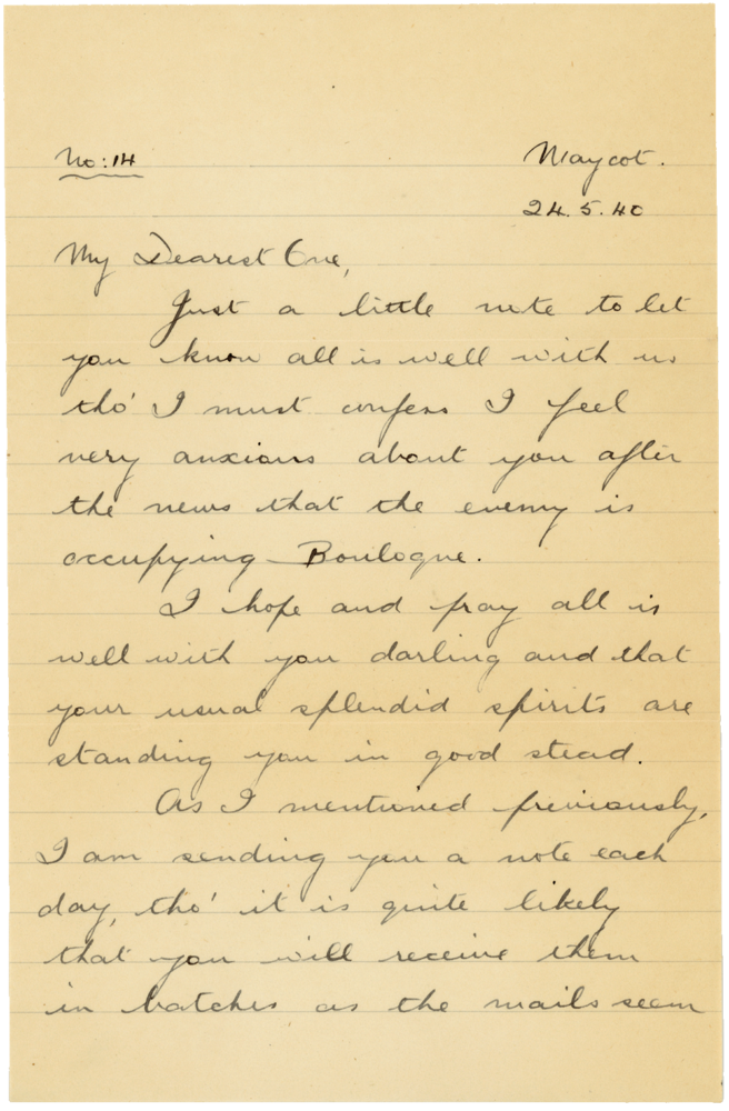 Letter from Teresina “Terry” Penman to Cyril “Kenneth” Penman dated May 24th, 1940. (pg. 1)