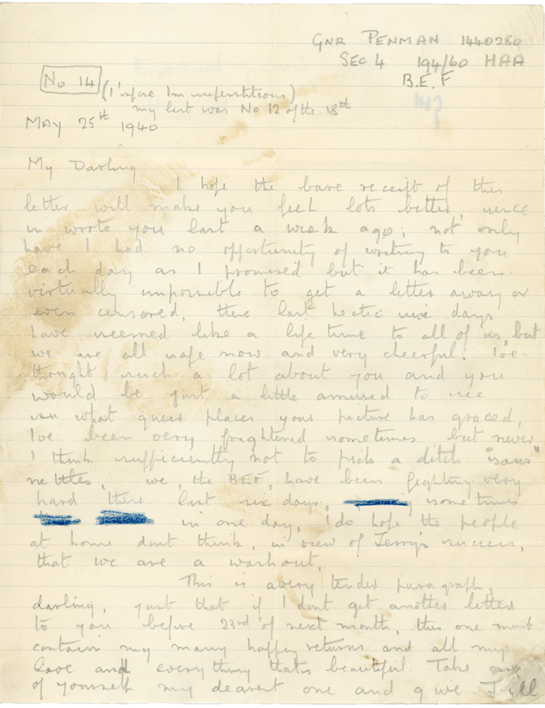 Letter from Cyril “Kenneth” Penman to Teresina “Terry” Penman dated May 25th, 1940. (pg. 1)
