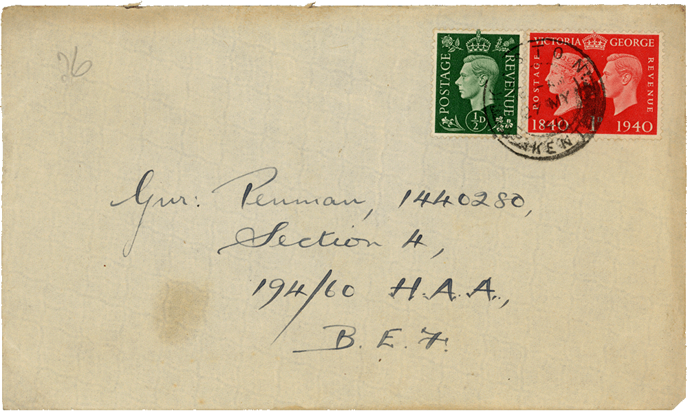 Envelope for letter from Teresina “Terry” Penman to Cyril “Kenneth” Penman dated May 26th, 1940.