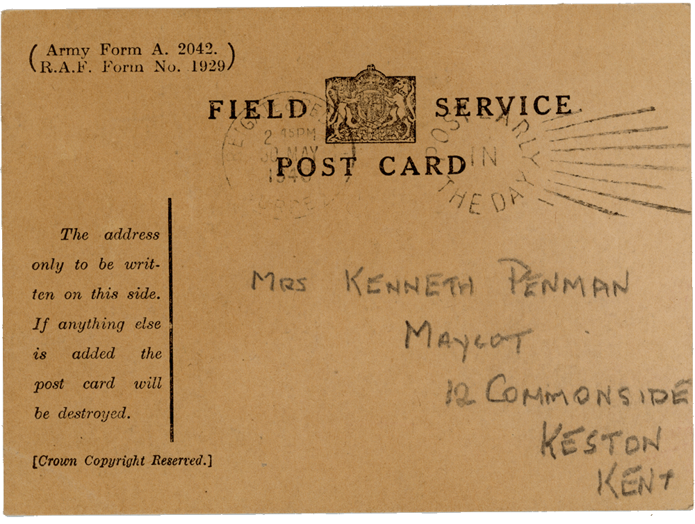 Postcard from Cyril “Kenneth” Penman to Teresina “Terry” Penman dated May 30th, 1940.
