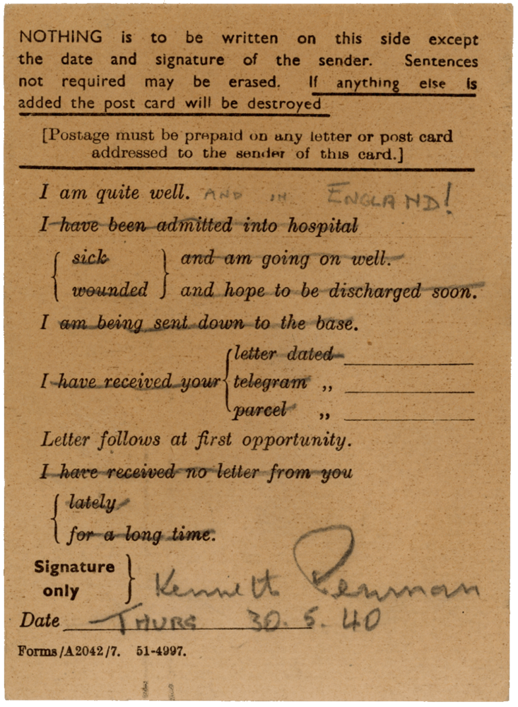 Postcard from Cyril “Kenneth” Penman to Teresina “Terry” Penman dated May 30th, 1940. (reverse side)