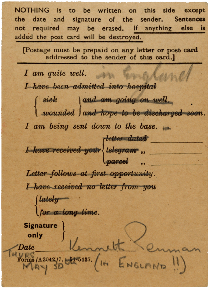 Postcard from Cyril “Kenneth” Penman to Teresina “Terry” Penman dated May 30th, 1940. (reverse side)