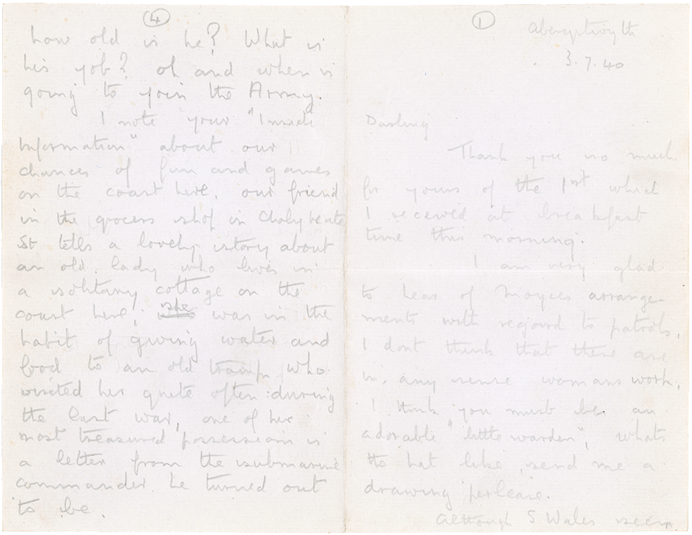 Letter from Cyril “Kenneth” Penman to Teresina “Terry” Penman dated July 3rd, 1940. (pg. 1, 4)