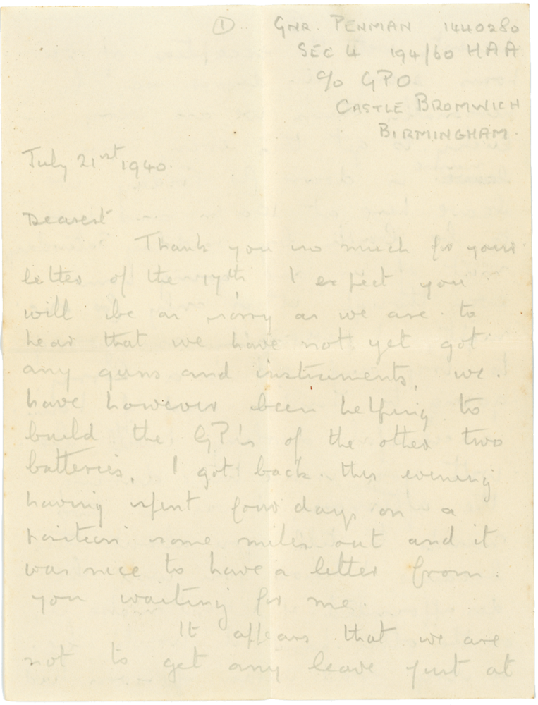 Letter from Cyril “Kenneth” Penman to Teresina “Terry” Penman dated July 21st, 1940. (pg. 1)