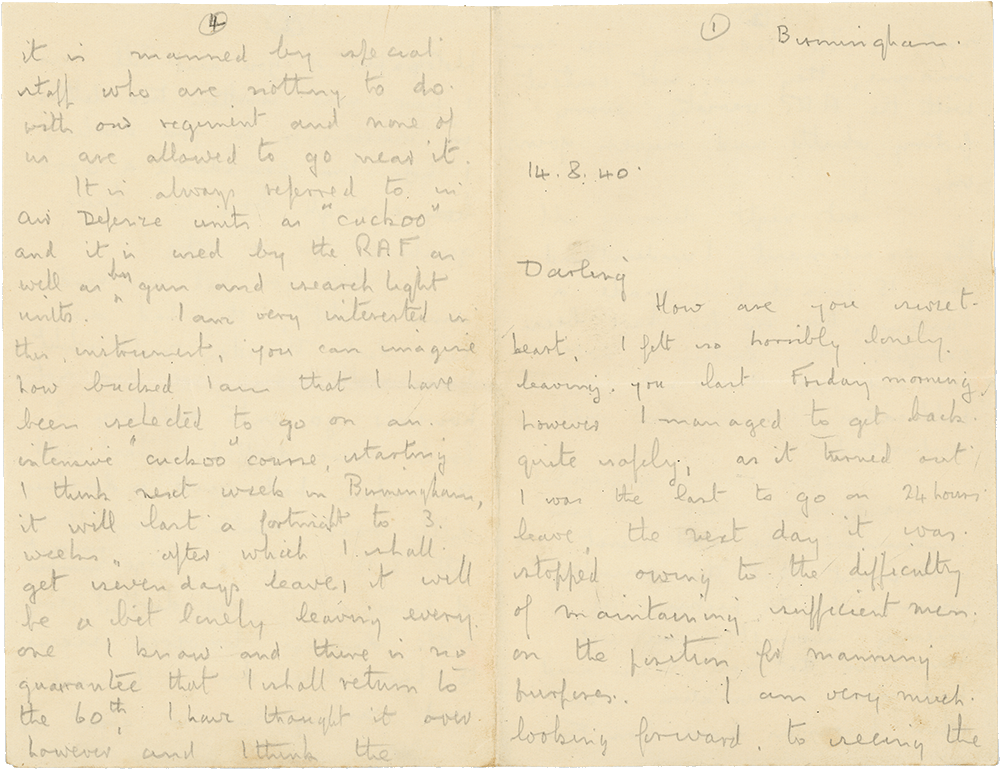 Letter from Cyril “Kenneth” Penman to Teresina “Terry” Penman dated August 14th, 1940. (pg. 1, 4)