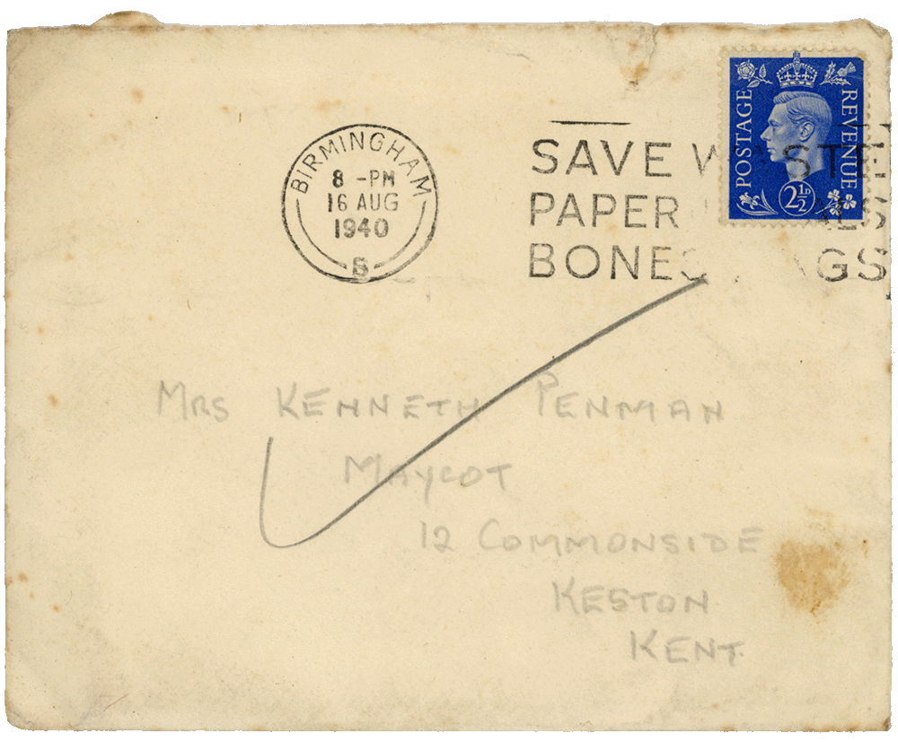 Envelope for letter from Cyril “Kenneth” Penman to Teresina “Terry” Penman dated August 16th, 1940.