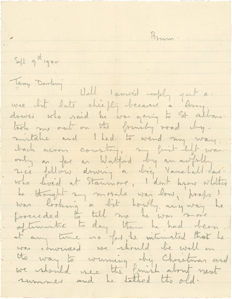 Letter from Cyril “Kenneth” Penman to Teresina “Terry” Penman dated September 9th, 1940. (pg. 1)