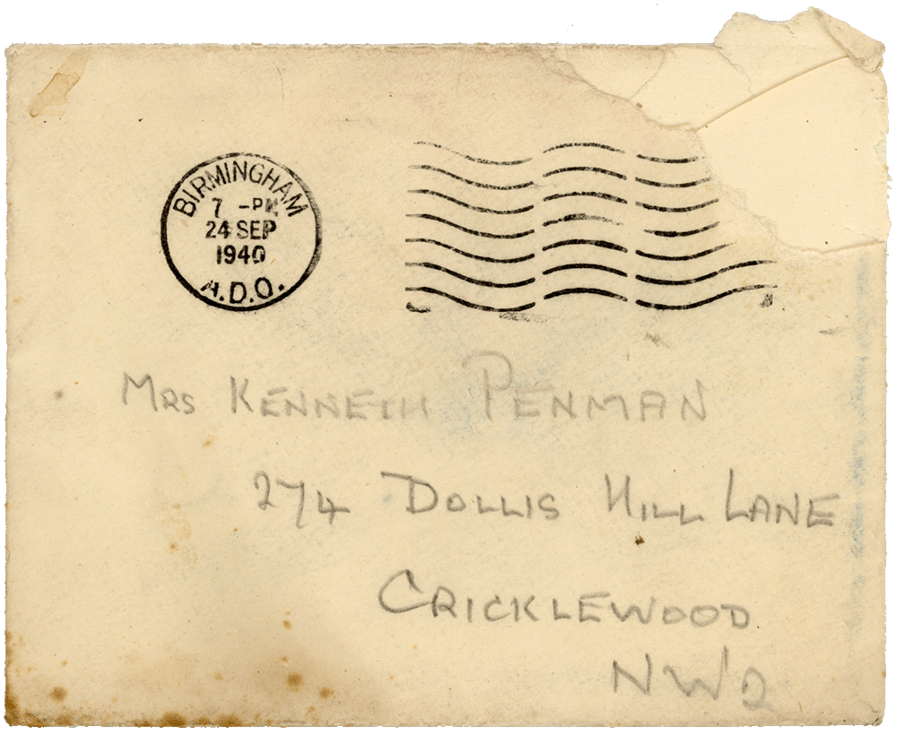 Envelope for letter from Cyril “Kenneth” Penman to Teresina “Terry” Penman dated September 23rd, 1940.