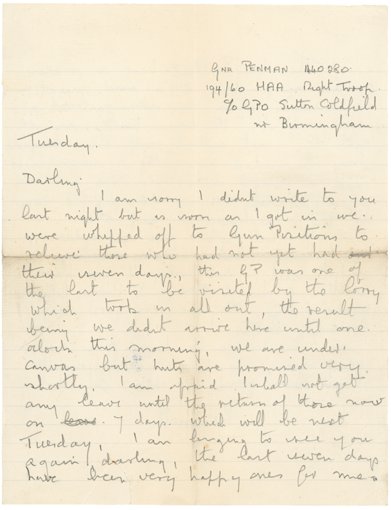 Letter from Cyril “Kenneth” Penman to Teresina “Terry” Penman dated October 10th, 1940. (pg. 1)