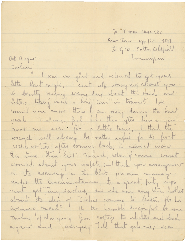 Letter from Cyril “Kenneth” Penman to Teresina “Terry” Penman dated October 13th, 1940. (pg. 1)