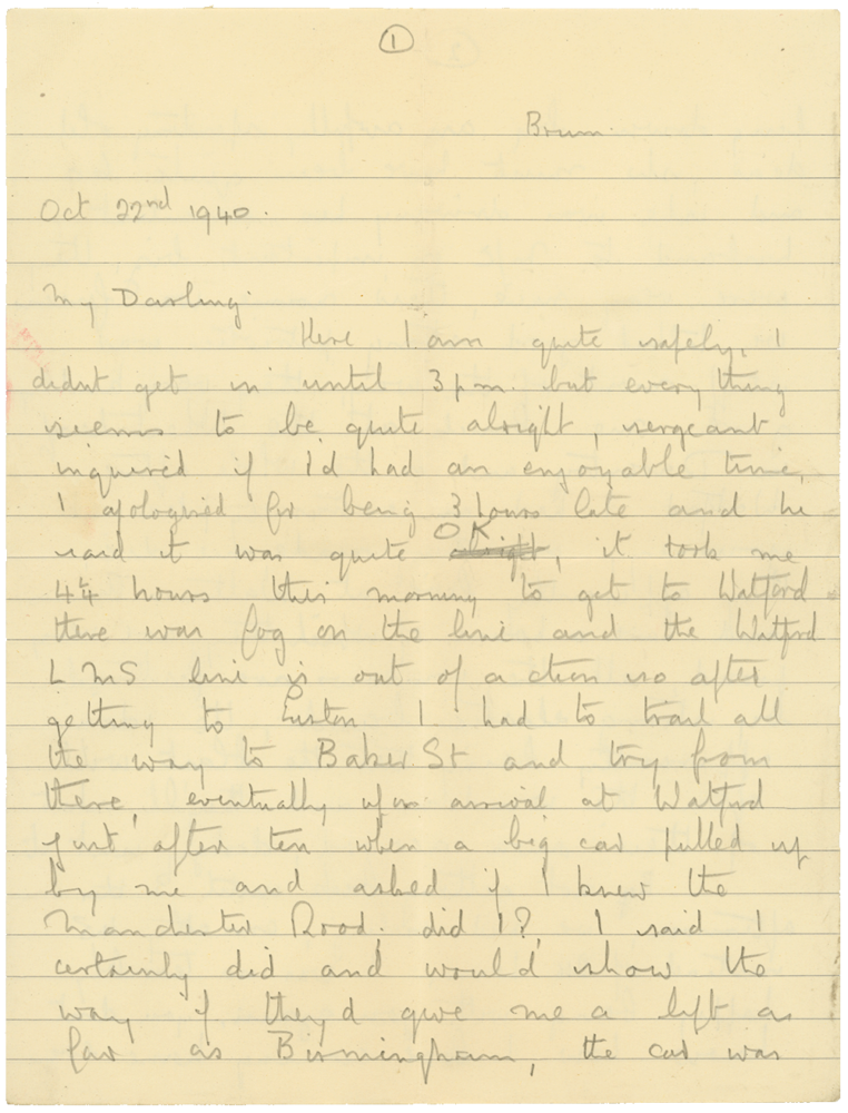 Letter from Cyril “Kenneth” Penman to Teresina “Terry” Penman dated October 22nd, 1940. (pg. 1)