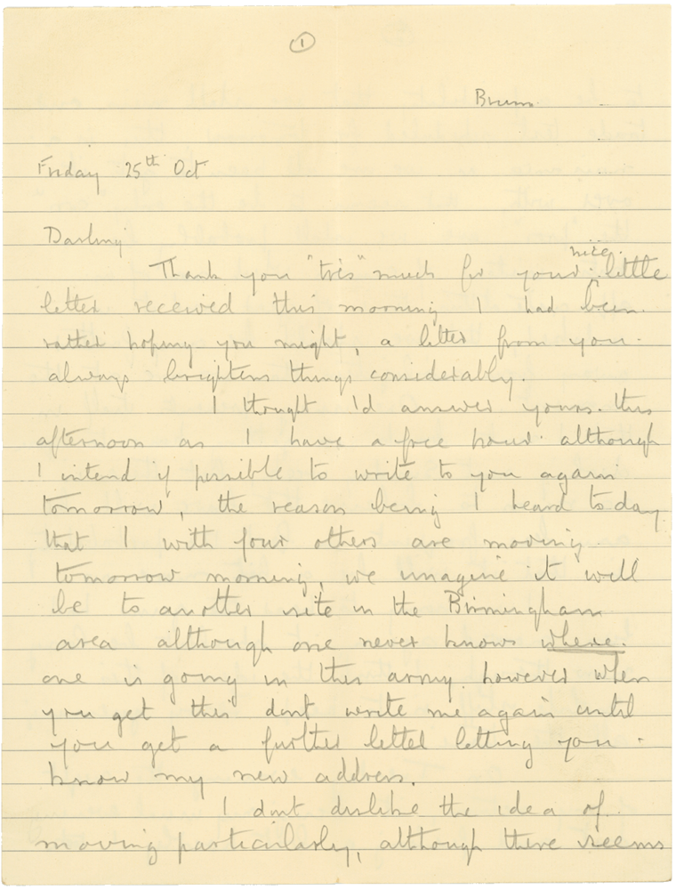 Letter from Cyril “Kenneth” Penman to Teresina “Terry” Penman dated October 25th, 1940. (pg. 1)