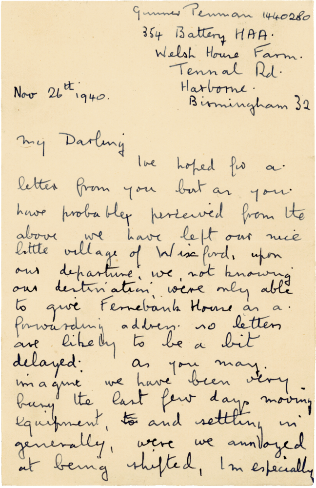 Letter from Cyril “Kenneth” Penman to Teresina “Terry” Penman dated November 26th, 1940. (pg. 1)