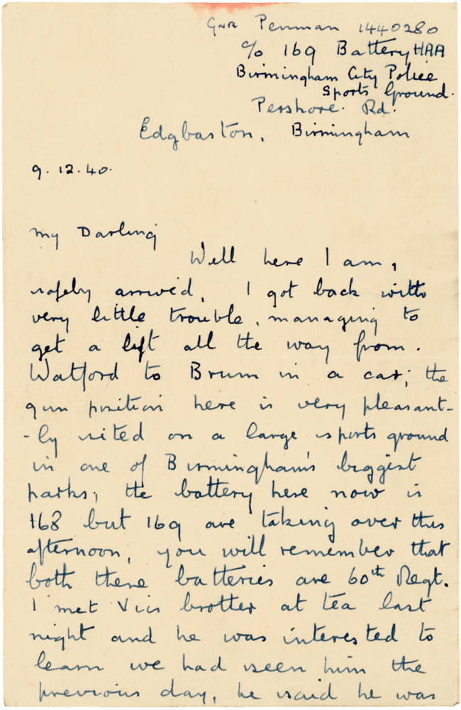 Letter from Cyril “Kenneth” Penman to Teresina “Terry” Penman dated December 9th, 1940. (pg. 1)