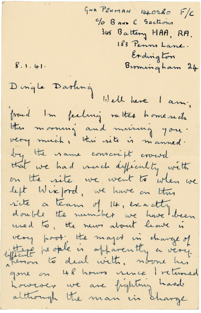 Letter from Cyril “Kenneth” Penman to Teresina “Terry” Penman dated January 8th, 1941. (pg. 1)