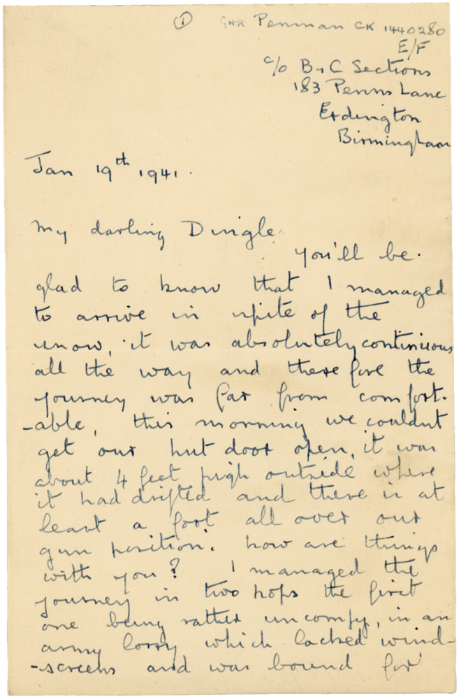 Letter from Cyril “Kenneth” Penman to Teresina “Terry” Penman dated January 19th, 1941. (pg. 1)