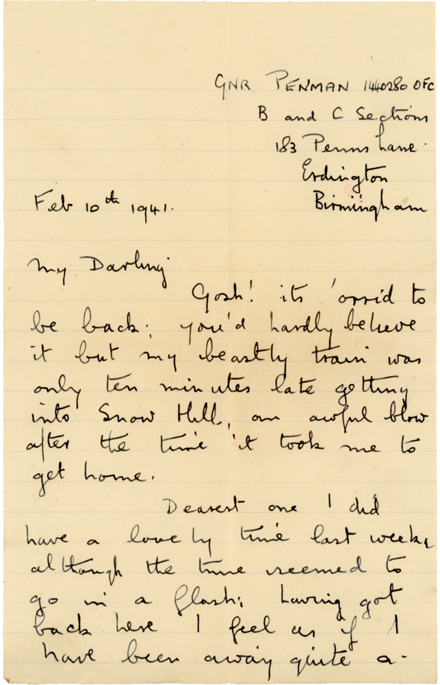 Letter from Cyril “Kenneth” Penman to Teresina “Terry” Penman dated February 10th, 1941. (pg. 1)