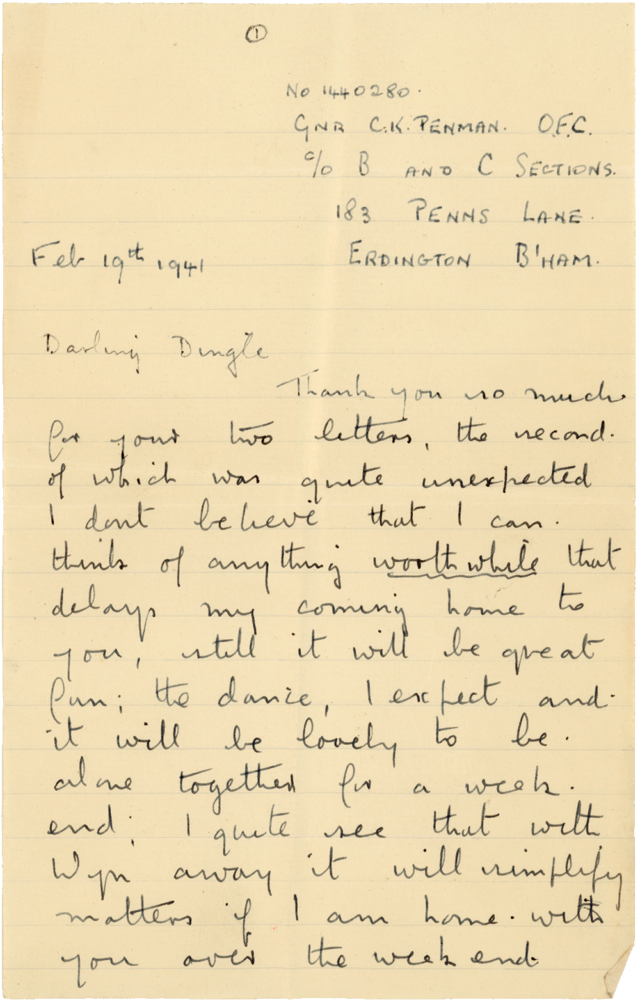Letter from Cyril “Kenneth” Penman to Teresina “Terry” Penman dated February 19th, 1941. (pg. 1)