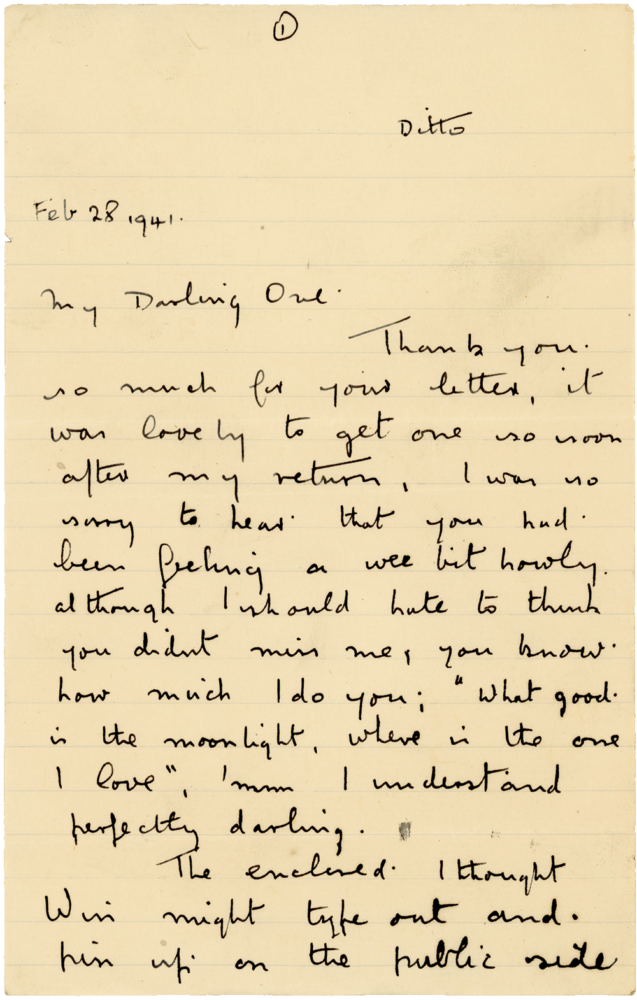 Letter from Cyril “Kenneth” Penman to Teresina “Terry” Penman dated February 28th, 1941. (pg. 1)