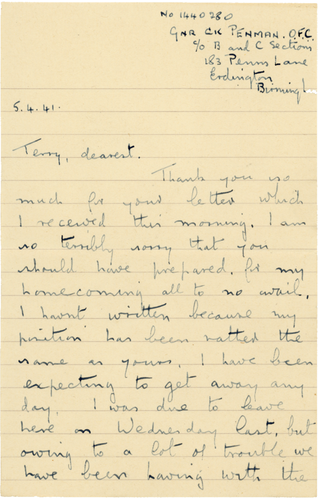 Letter from Cyril “Kenneth” Penman to Teresina “Terry” Penman dated April 5th, 1941. (pg. 1)
