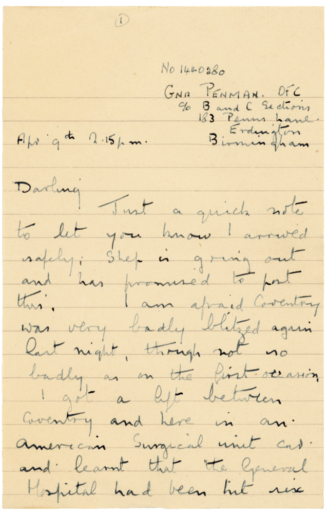 Letter from Cyril “Kenneth” Penman to Teresina “Terry” Penman dated April 9th, 1941. (pg. 1)