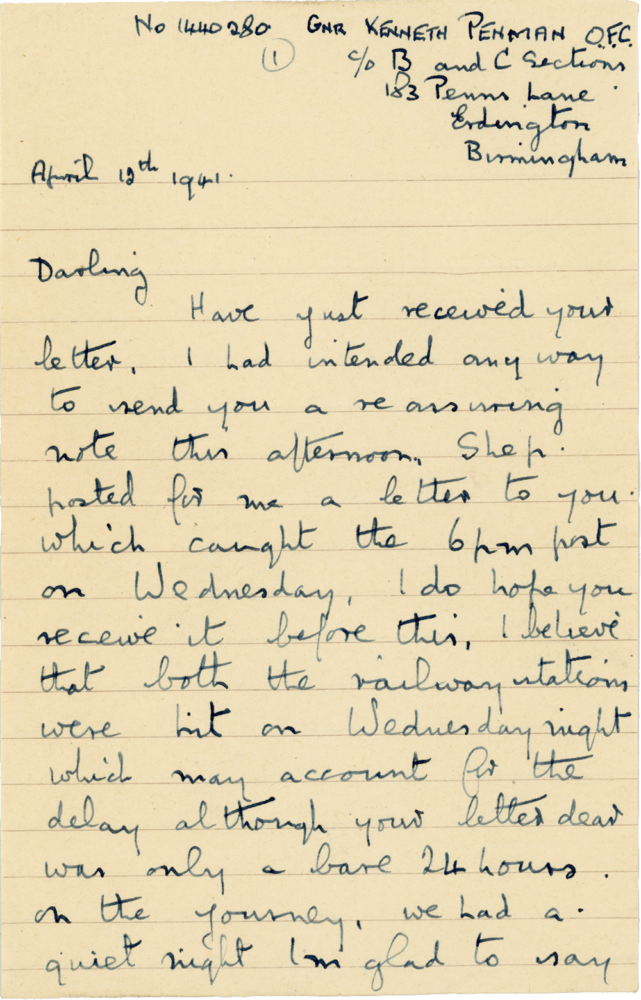 Letter from Cyril “Kenneth” Penman to Teresina “Terry” Penman dated April 12th, 1941. (pg. 1)